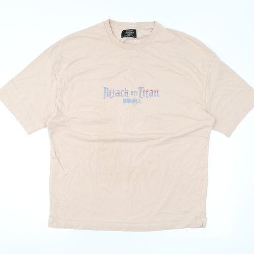 Bershka Mens Beige Cotton T-Shirt Size L Round Neck - Attack On Titan, Anime