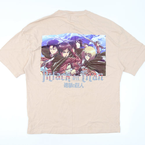 Bershka Mens Beige Cotton T-Shirt Size L Round Neck - Attack On Titan, Anime