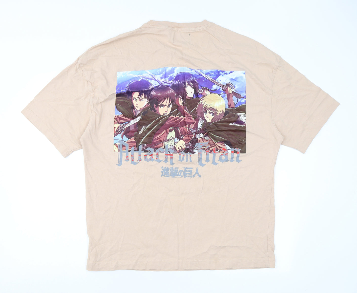Bershka Mens Beige Cotton T-Shirt Size L Round Neck - Attack On Titan, Anime