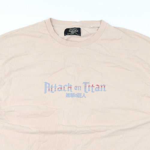 Bershka Mens Beige Cotton T-Shirt Size L Round Neck - Attack On Titan, Anime