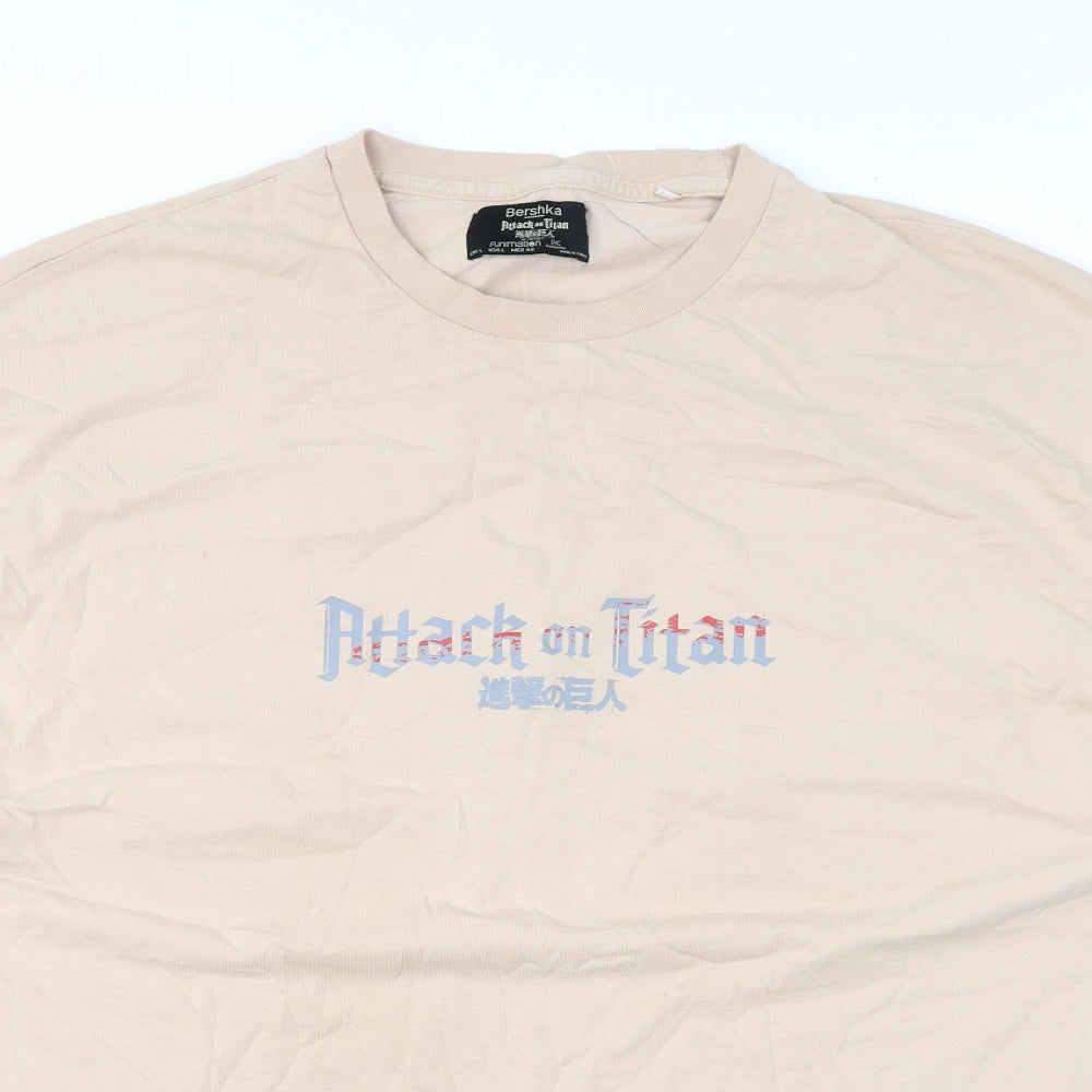 Bershka Mens Beige Cotton T-Shirt Size L Round Neck - Attack On Titan, Anime