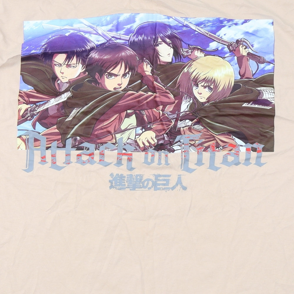 Bershka Mens Beige Cotton T-Shirt Size L Round Neck - Attack On Titan, Anime