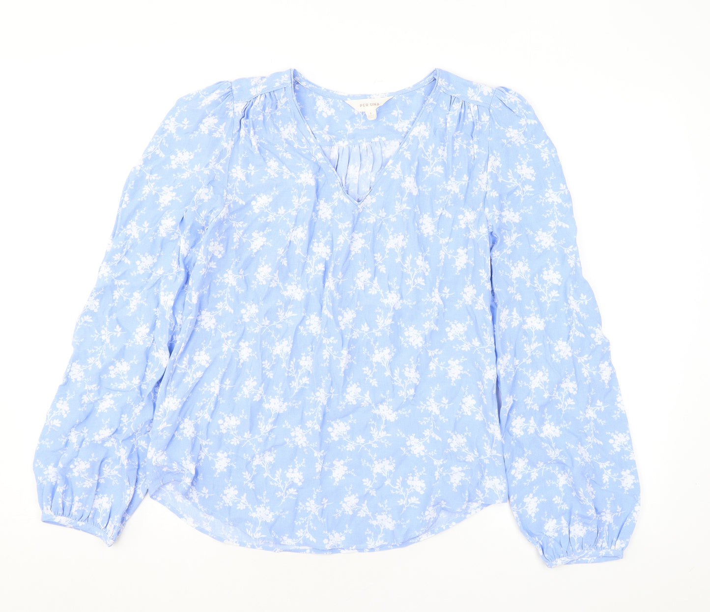 Per Una Womens Blue Floral Viscose Basic Blouse Size 6 V-Neck
