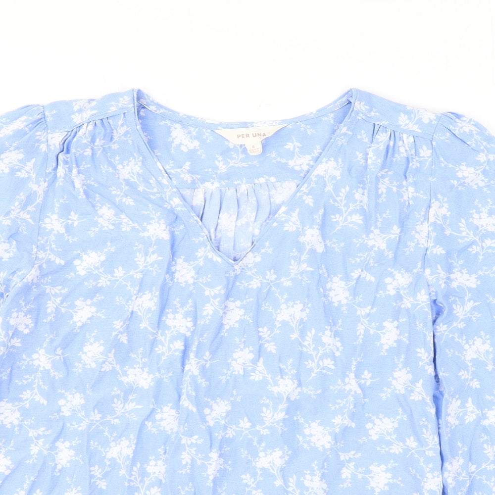 Per Una Womens Blue Floral Viscose Basic Blouse Size 6 V-Neck