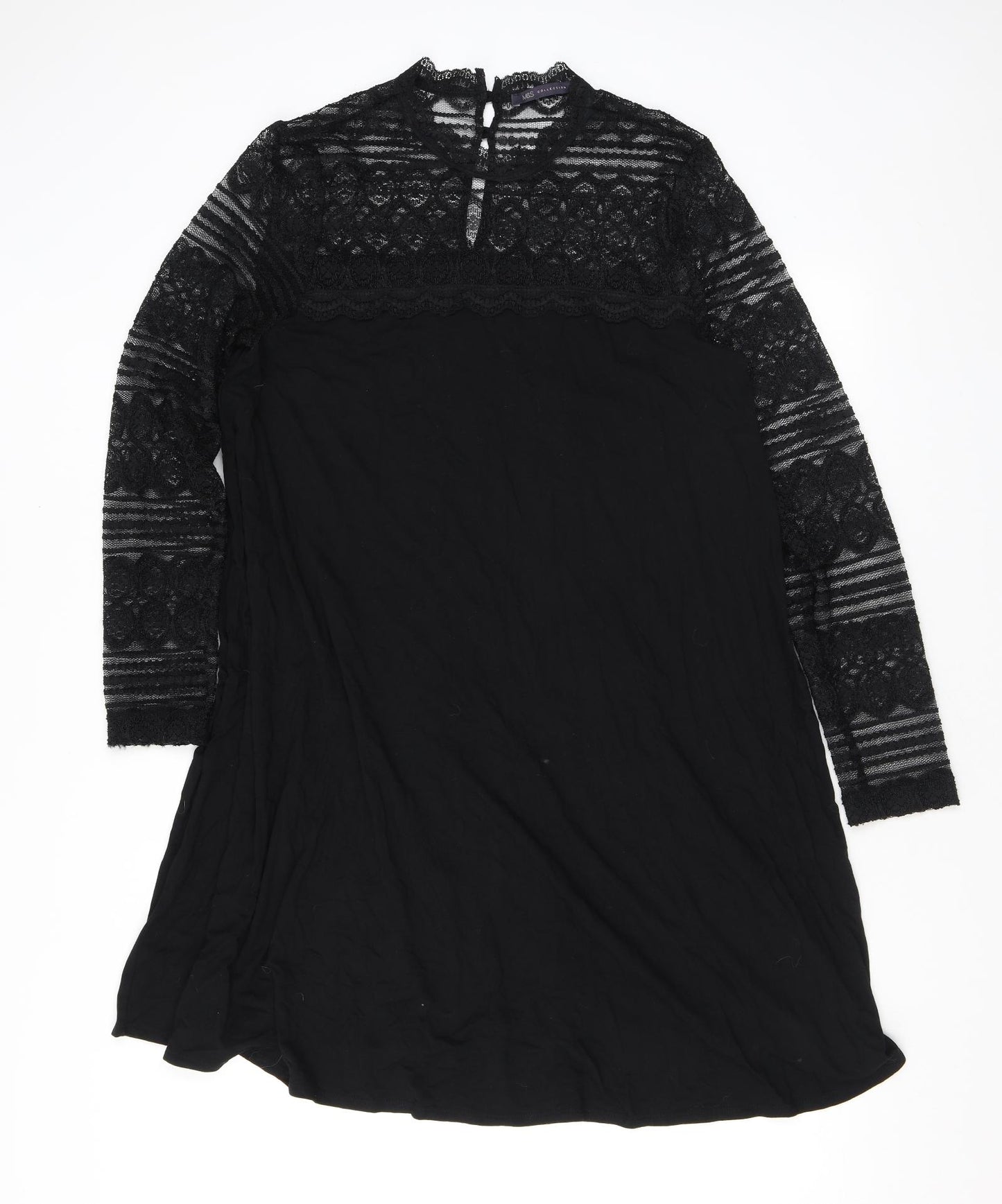 Marks and Spencer Womens Black Viscose A-Line Size 16 Mock Neck Button - Lace