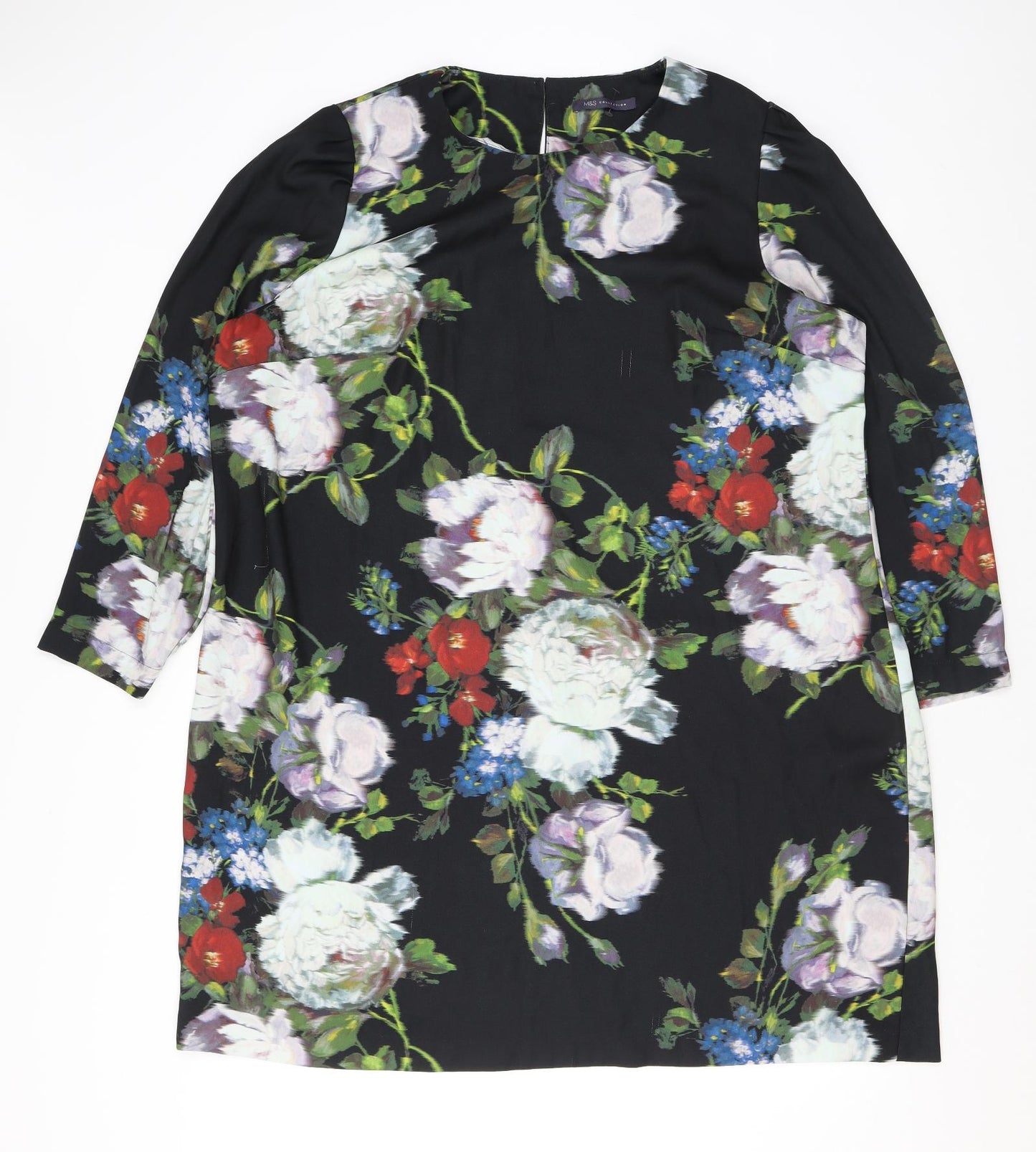 Marks and Spencer Womens Black Floral Polyester A-Line Size 22 Round Neck Button