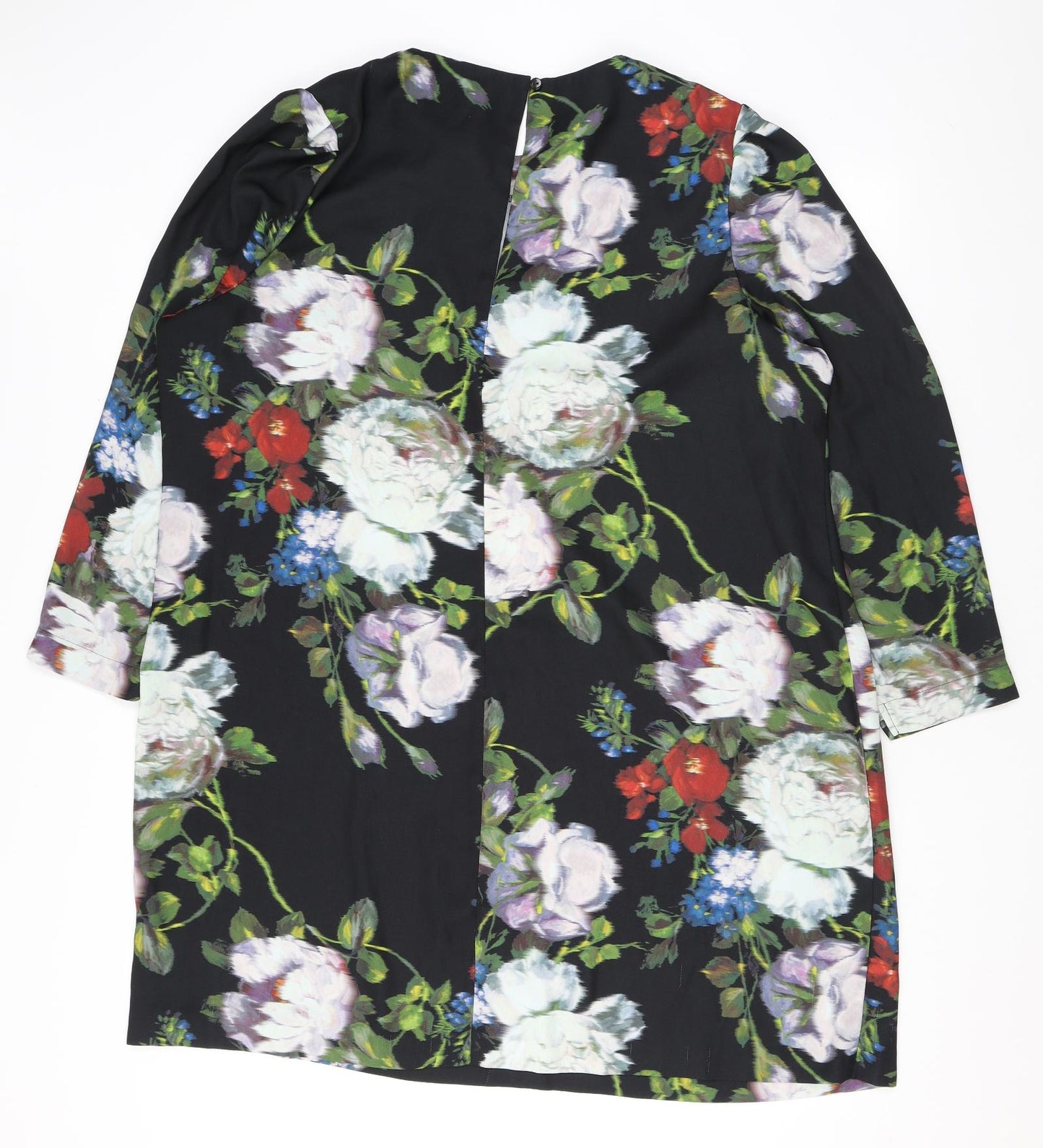 Marks and Spencer Womens Black Floral Polyester A-Line Size 22 Round Neck Button
