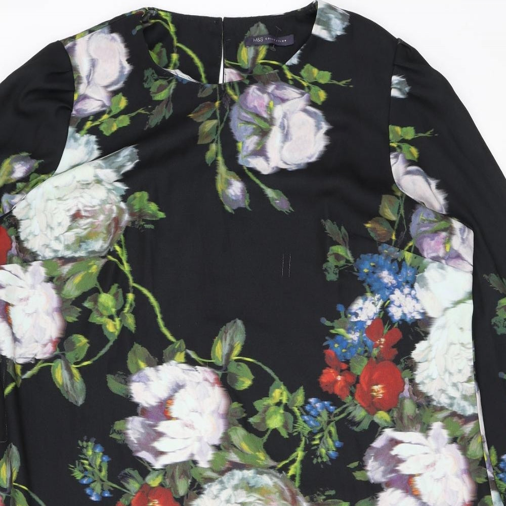 Marks and Spencer Womens Black Floral Polyester A-Line Size 22 Round Neck Button