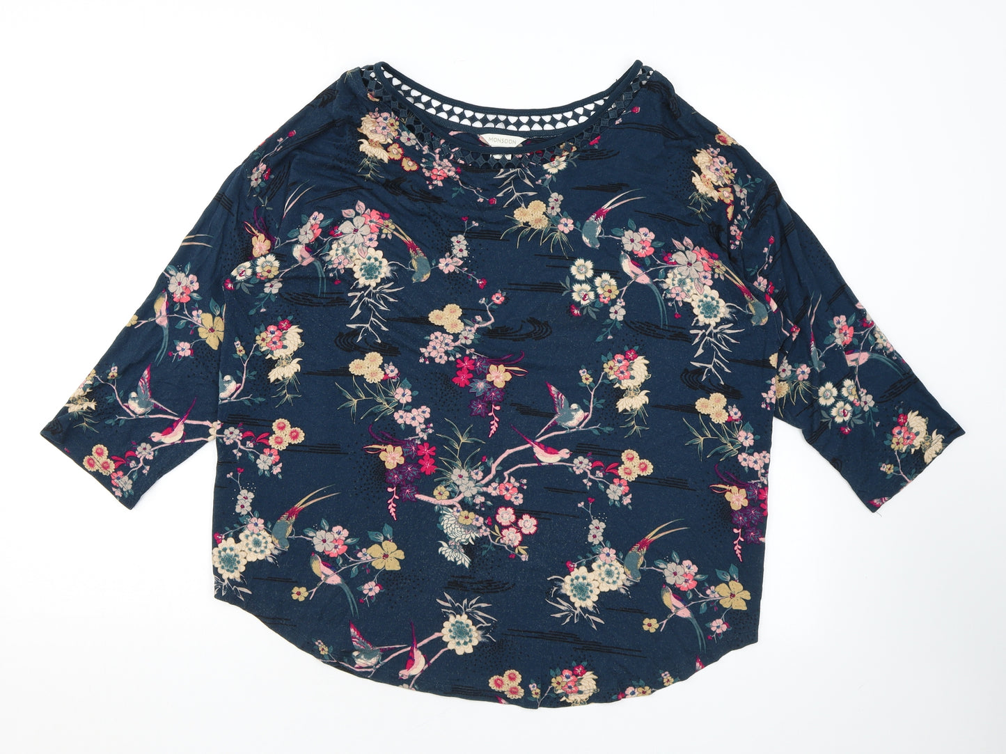 Monsoon Womens Blue Floral Viscose Basic Blouse Size 14 Boat Neck