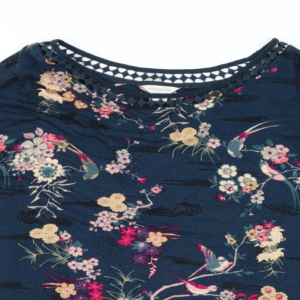 Monsoon Womens Blue Floral Viscose Basic Blouse Size 14 Boat Neck