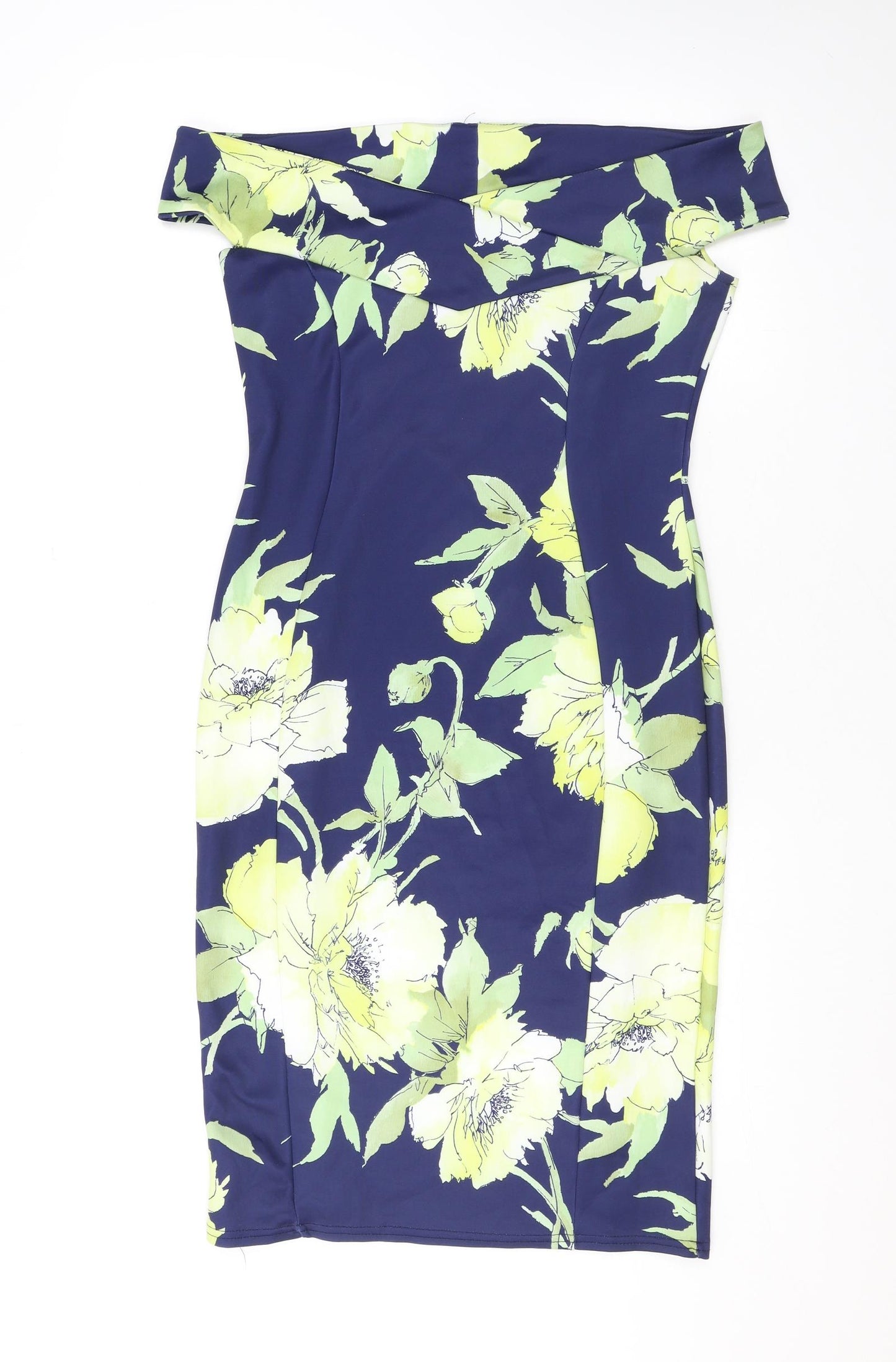 Quiz Womens Blue Floral Polyester Bodycon Size 12 Off the Shoulder Pullover