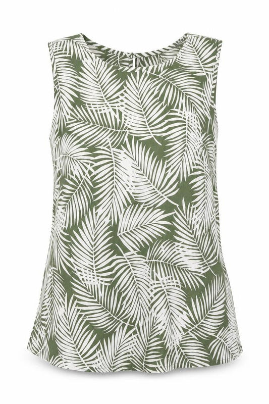 Front view of New Look women’s green geometric polyester basic tank, size UK 12, round neck - leaf print