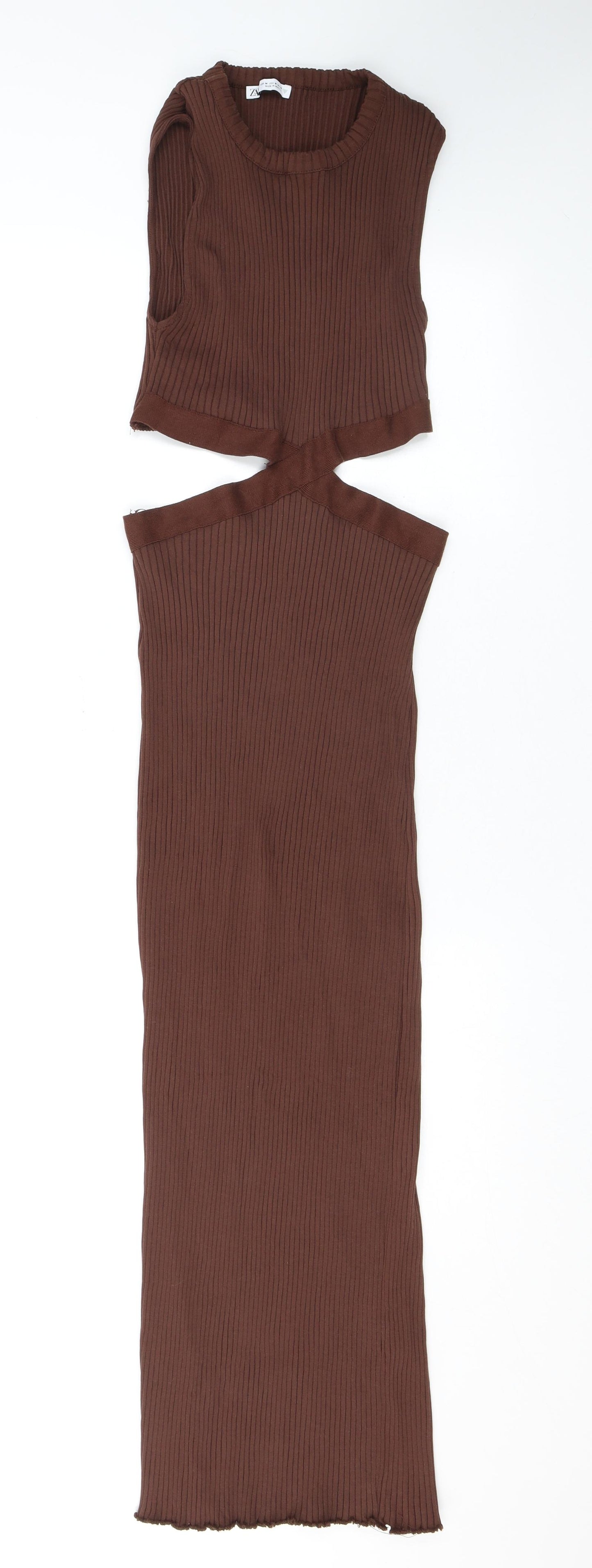 Zara Womens Brown Cotton Bodycon Size M Round Neck Pullover - Cutout