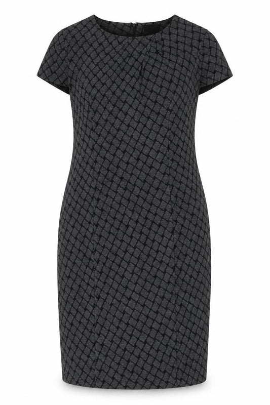 Front view of Country Casuals women’s grey geometric acrylic bodycon, size UK 16, round neck zip