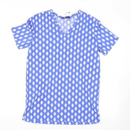 Marks and Spencer Womens Blue Geometric Polyester Basic T-Shirt Size 8 V-Neck