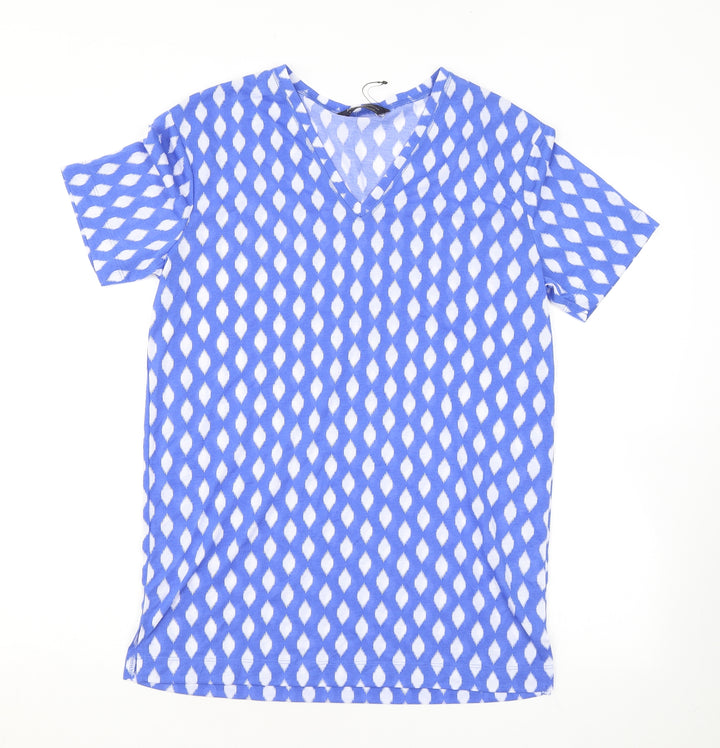 Marks and Spencer Womens Blue Geometric Polyester Basic T-Shirt Size 8 V-Neck