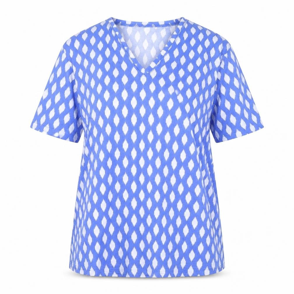 Front view of Marks & Spencer women’s blue geometric polyester basic t-shirt, size UK 8, v-neck
