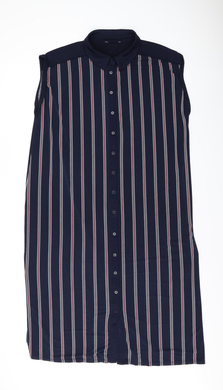 Oasis Womens Blue Striped Polyester Sheath Size L Collared Button