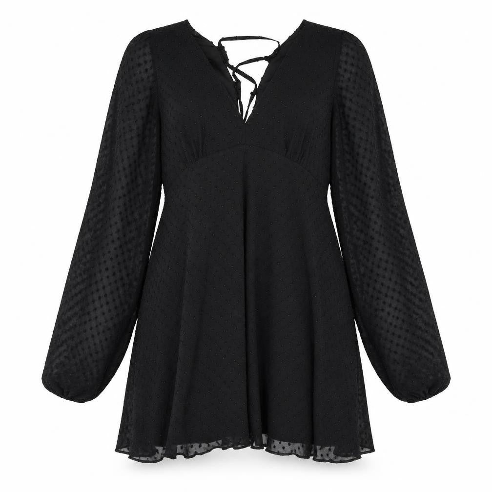 Front view of ASOS women’s black polka dot polyester shift, size UK 10, v-neck zip