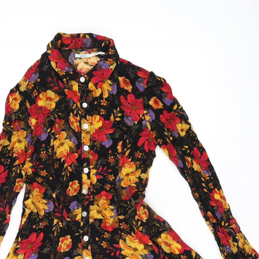 Kimchi Blue Womens Black Floral Polyester Jersey Button-Up Size S Collared