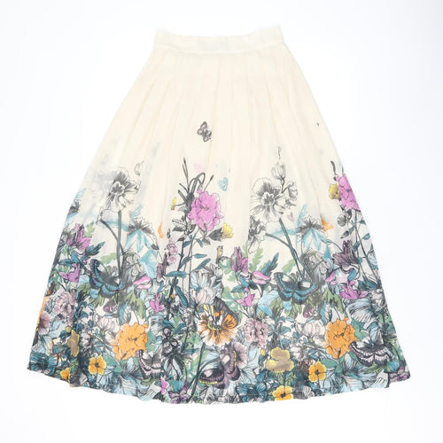 H&M Womens Beige Floral Polyester Swing Skirt Size 4 Button