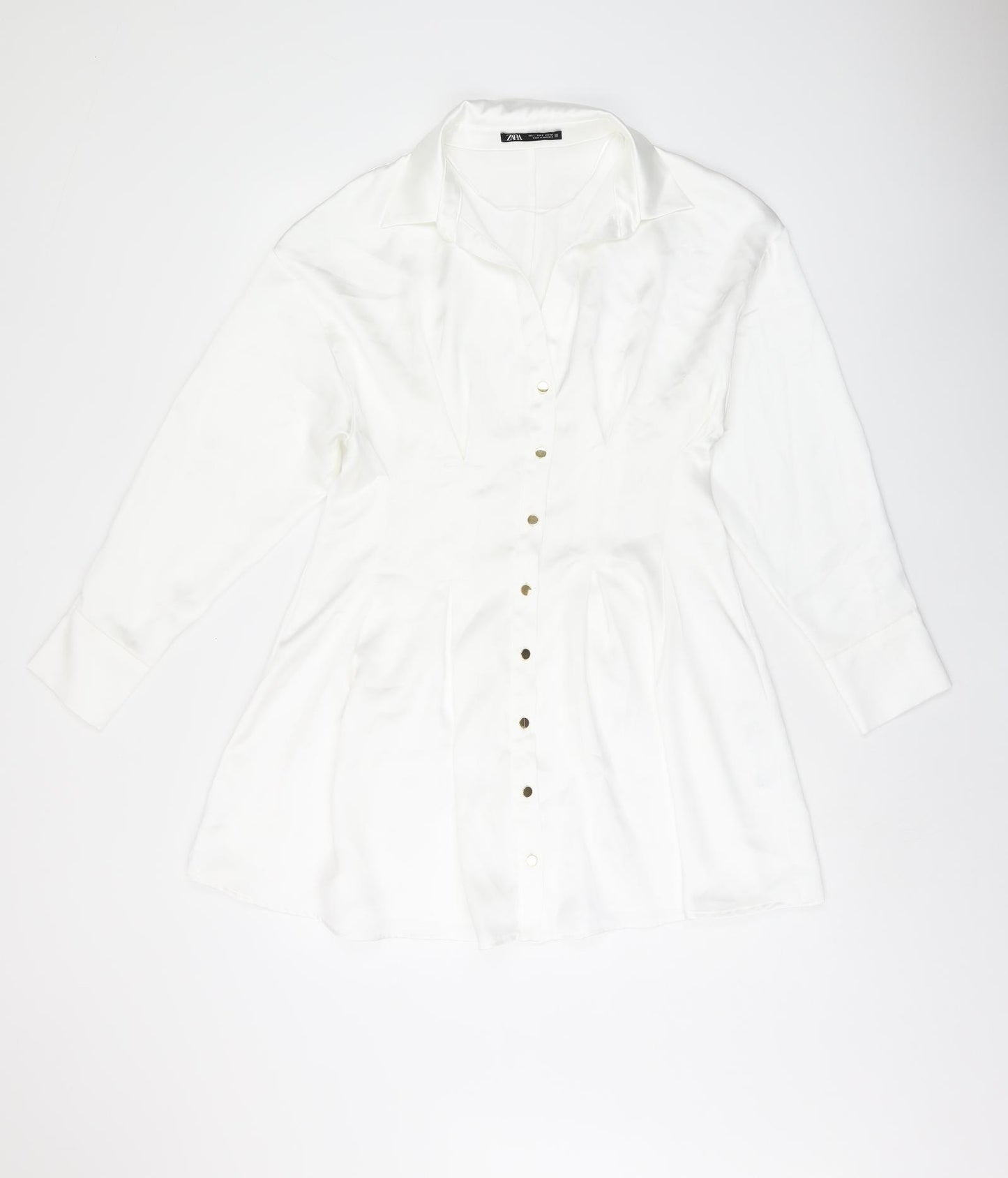 Zara Womens White Polyester Shirt Dress Size L Collared Button