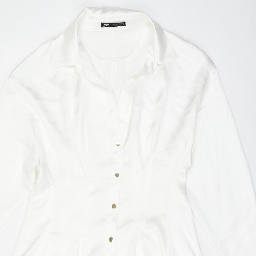 Zara Womens White Polyester Shirt Dress Size L Collared Button