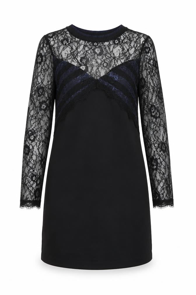 Front view of Zara women’s black polyamide shift, size XS, round neck pullover - lace detail