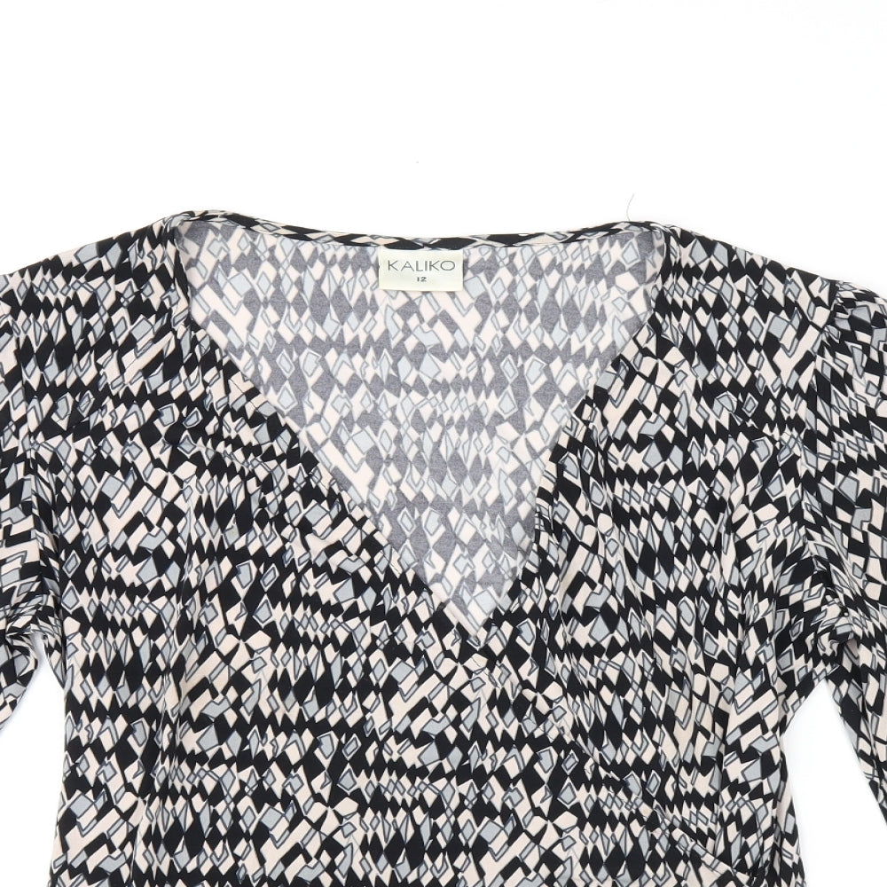 Kaliko Womens Multicoloured Geometric Polyester Jersey T-Shirt Size 12 V-Neck
