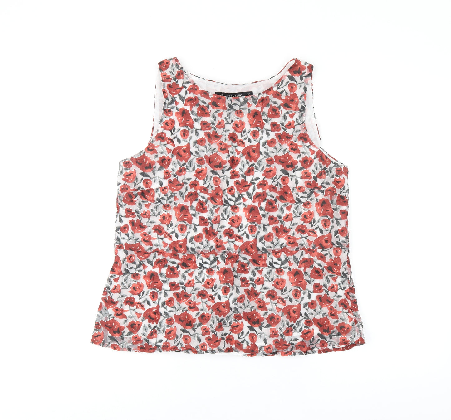 Zara Womens Red Floral Polyester Basic Blouse Size S Scoop Neck