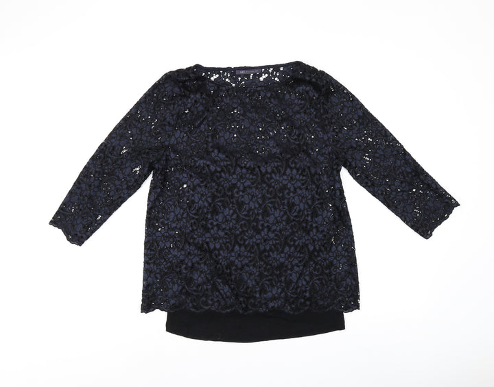 Marks and Spencer Womens Black Floral Viscose Jersey T-Shirt Size 12 Boat Neck
