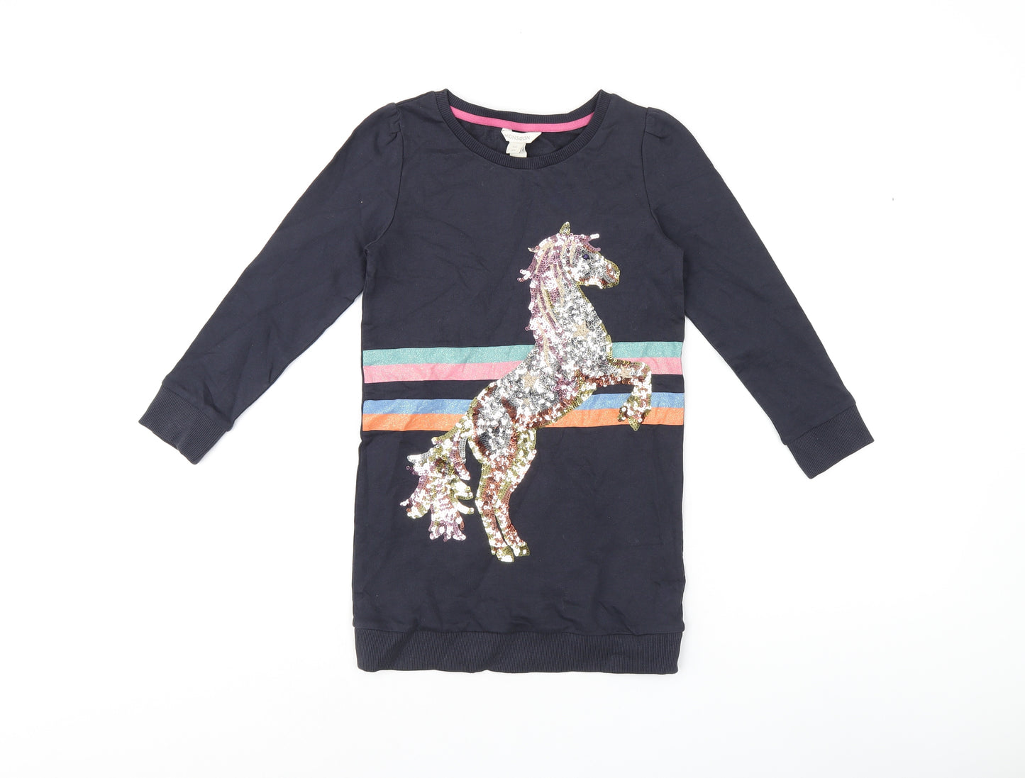 Monsoon Girls Black Geometric Cotton Jumper Dress Size 5-6 Years Round Neck Pullover - Unicorn sequin