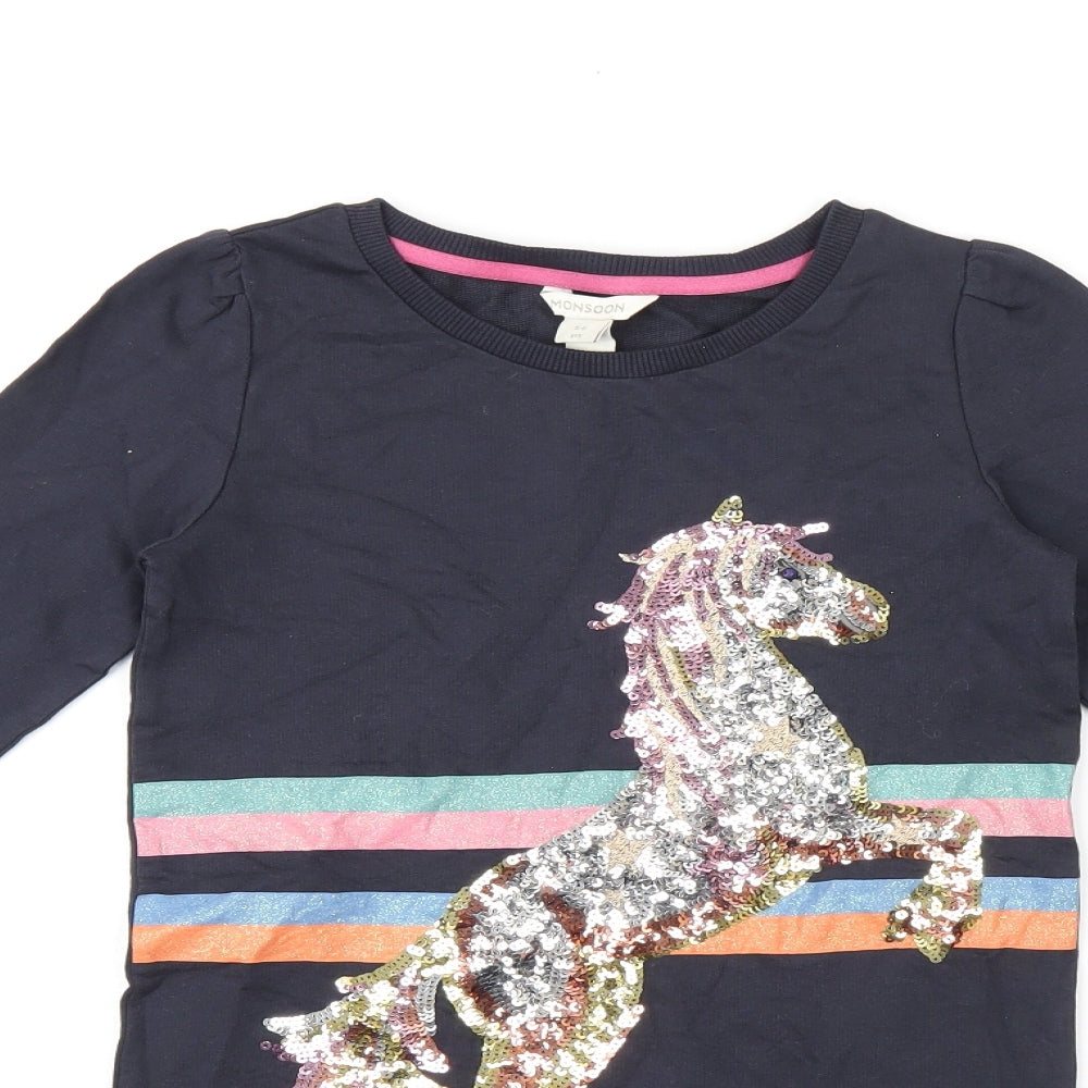 Monsoon Girls Black Geometric Cotton Jumper Dress Size 5-6 Years Round Neck Pullover - Unicorn sequin