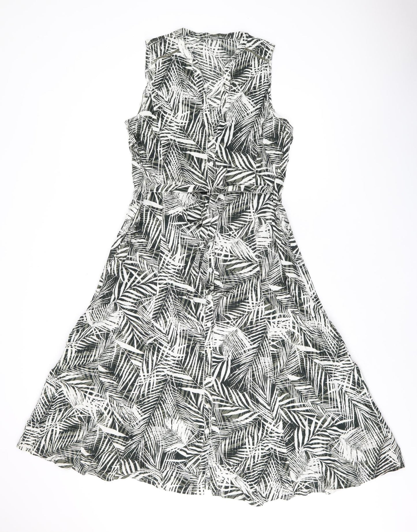 M&Co Womens Green Geometric Viscose A-Line Size 14 V-Neck Button - Leaf print