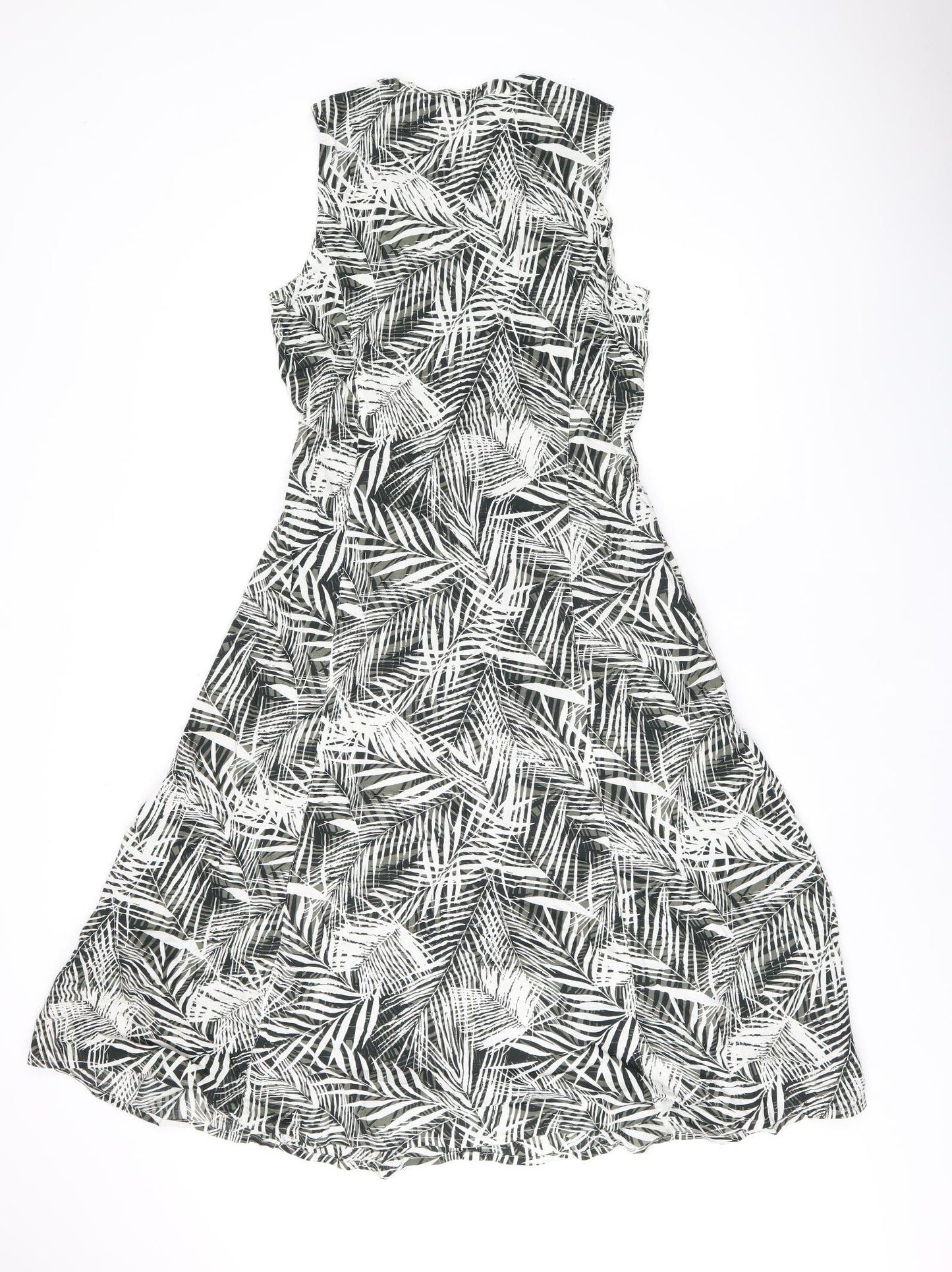 M&Co Womens Green Geometric Viscose A-Line Size 14 V-Neck Button - Leaf print