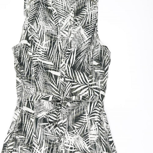 M&Co Womens Green Geometric Viscose A-Line Size 14 V-Neck Button - Leaf print