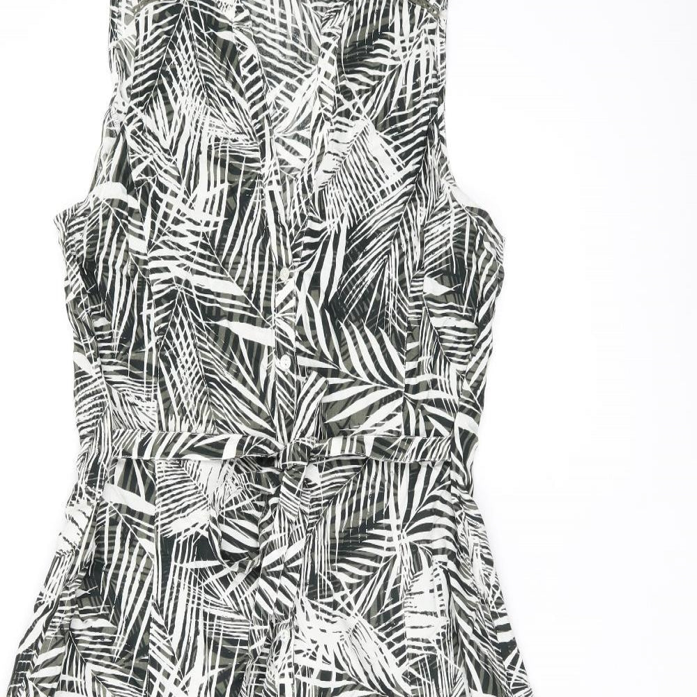 M&Co Womens Green Geometric Viscose A-Line Size 14 V-Neck Button - Leaf print