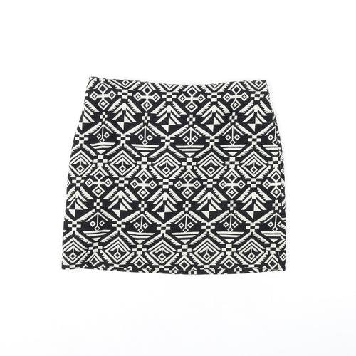 H&M Womens Black Geometric Cotton Mini Skirt Size 8 Zip