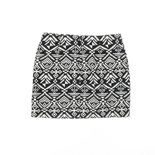 H&M Womens Black Geometric Cotton Mini Skirt Size 8 Zip