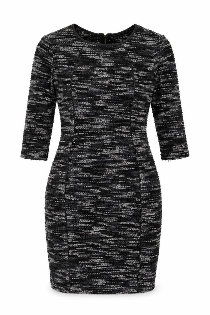 Front view of AGGI women’s grey polyester bodycon, size UK 6, boat neck zip