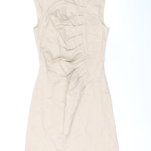 Warehouse Womens Beige Cotton Bodycon Size 8 Boat Neck Zip