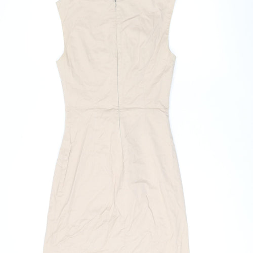 Warehouse Womens Beige Cotton Bodycon Size 8 Boat Neck Zip