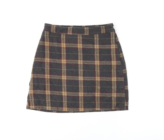 Front view of DAZY women’s brown plaid polyester skort skirt, size L, zip