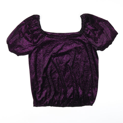 M&Co Womens Purple Polyester Jersey T-Shirt Size 14 Off the Shoulder - Glitter detail