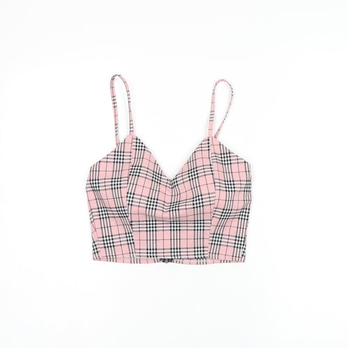 Storets Womens Pink Plaid Polyester Cropped T-Shirt Size S V-Neck