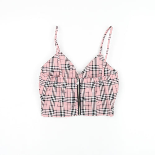 Storets Womens Pink Plaid Polyester Cropped T-Shirt Size S V-Neck