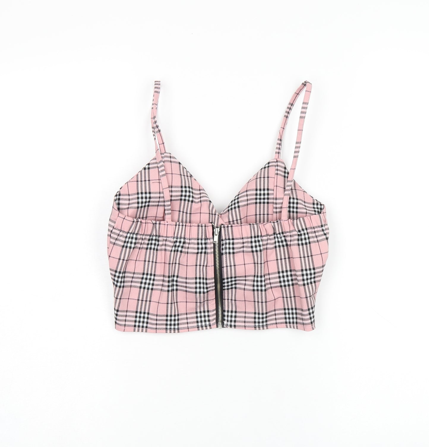 Storets Womens Pink Plaid Polyester Cropped T-Shirt Size S V-Neck