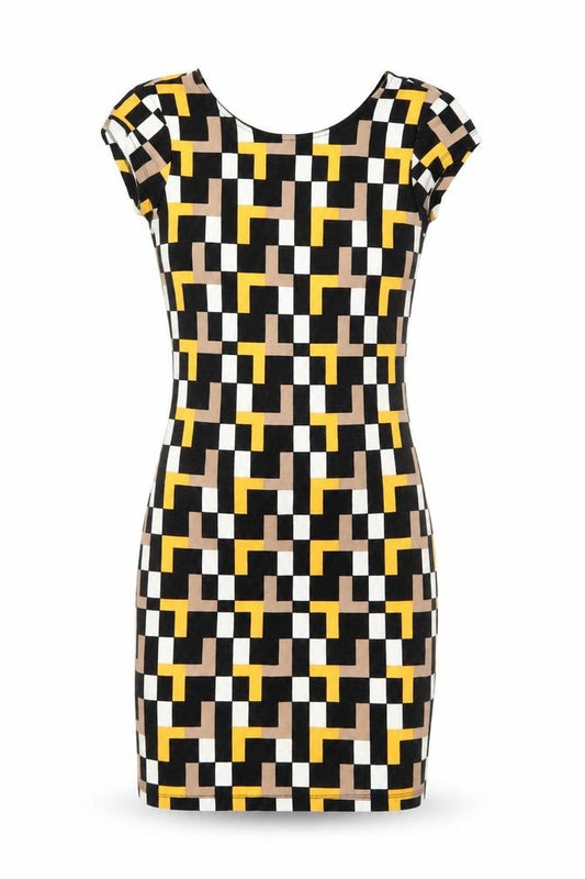 Front view of Mohito women’s multicoloured geometric polyester bodycon, size XS, boat neck pullover