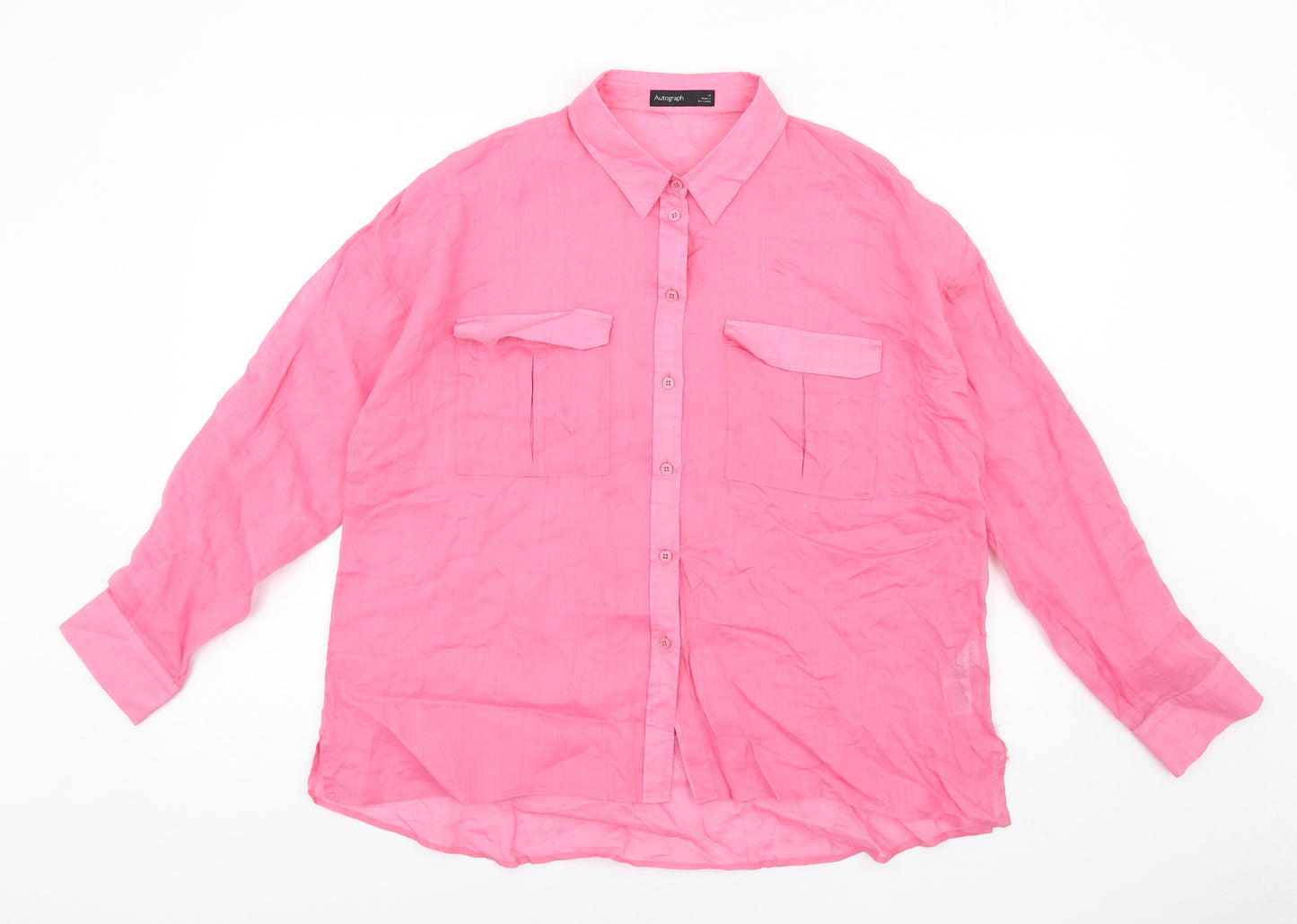 Autograph Womens Pink Ramie Basic Button-Up Size 14 Collared