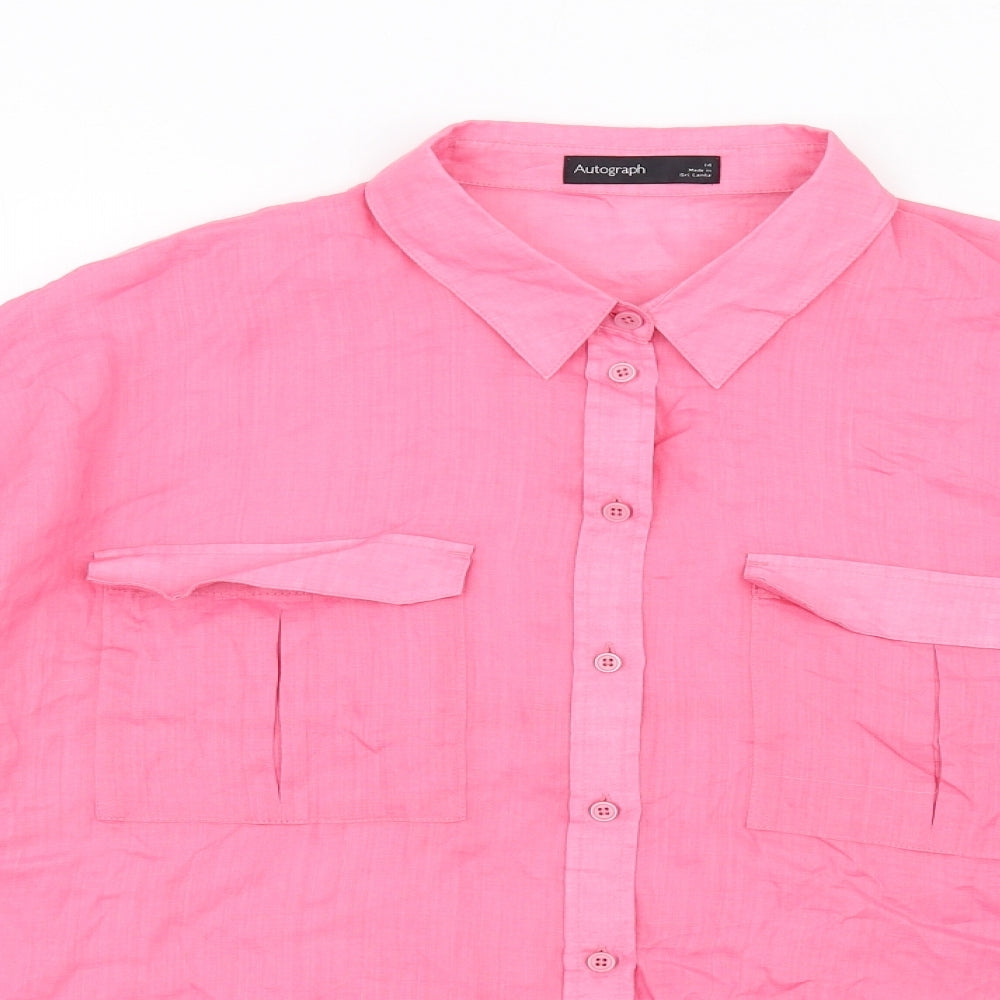 Autograph Womens Pink Ramie Basic Button-Up Size 14 Collared